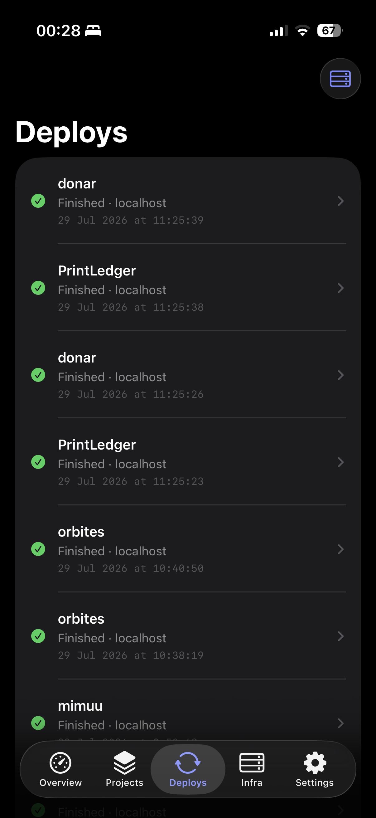 Orka deployments screen showing finished Coolify deployments