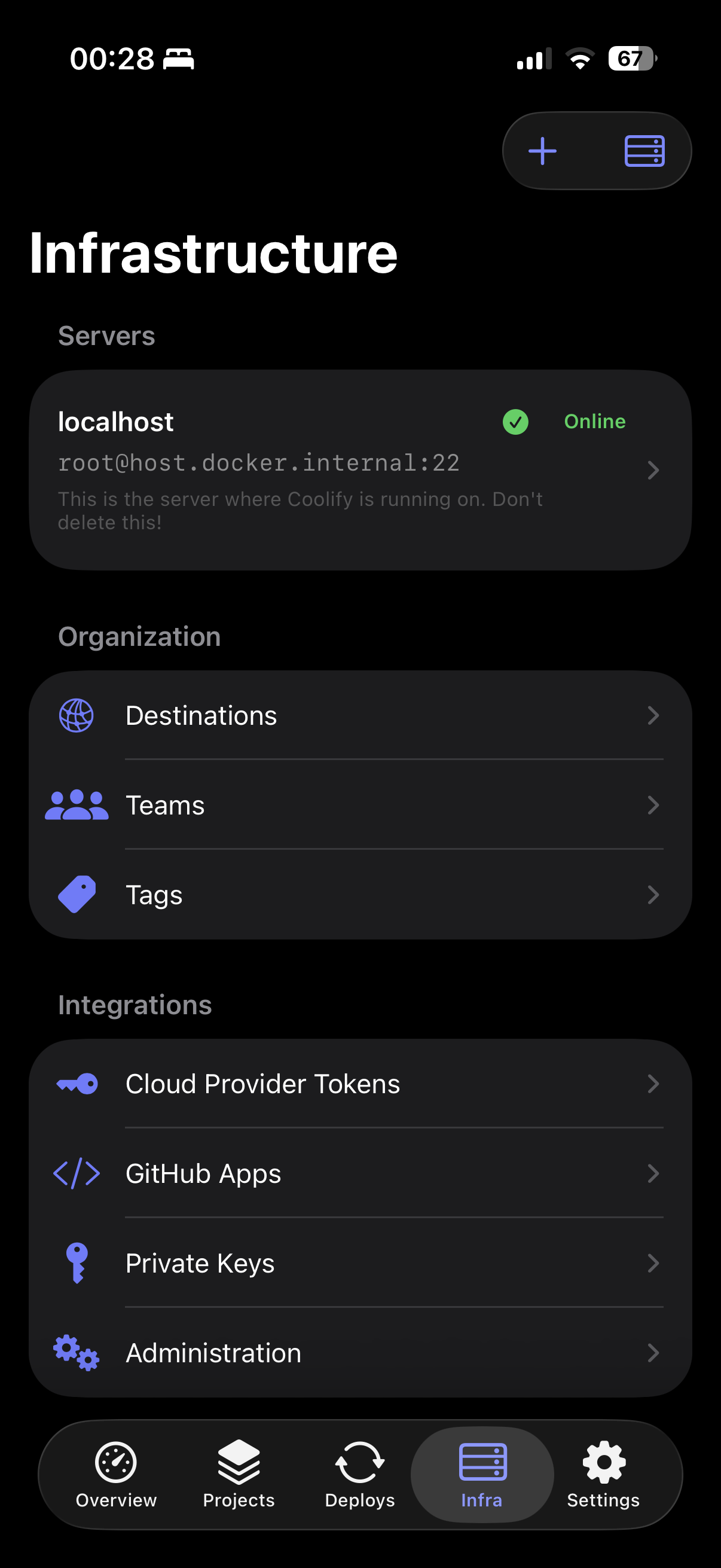 Orka infrastructure screen showing a server and integrations