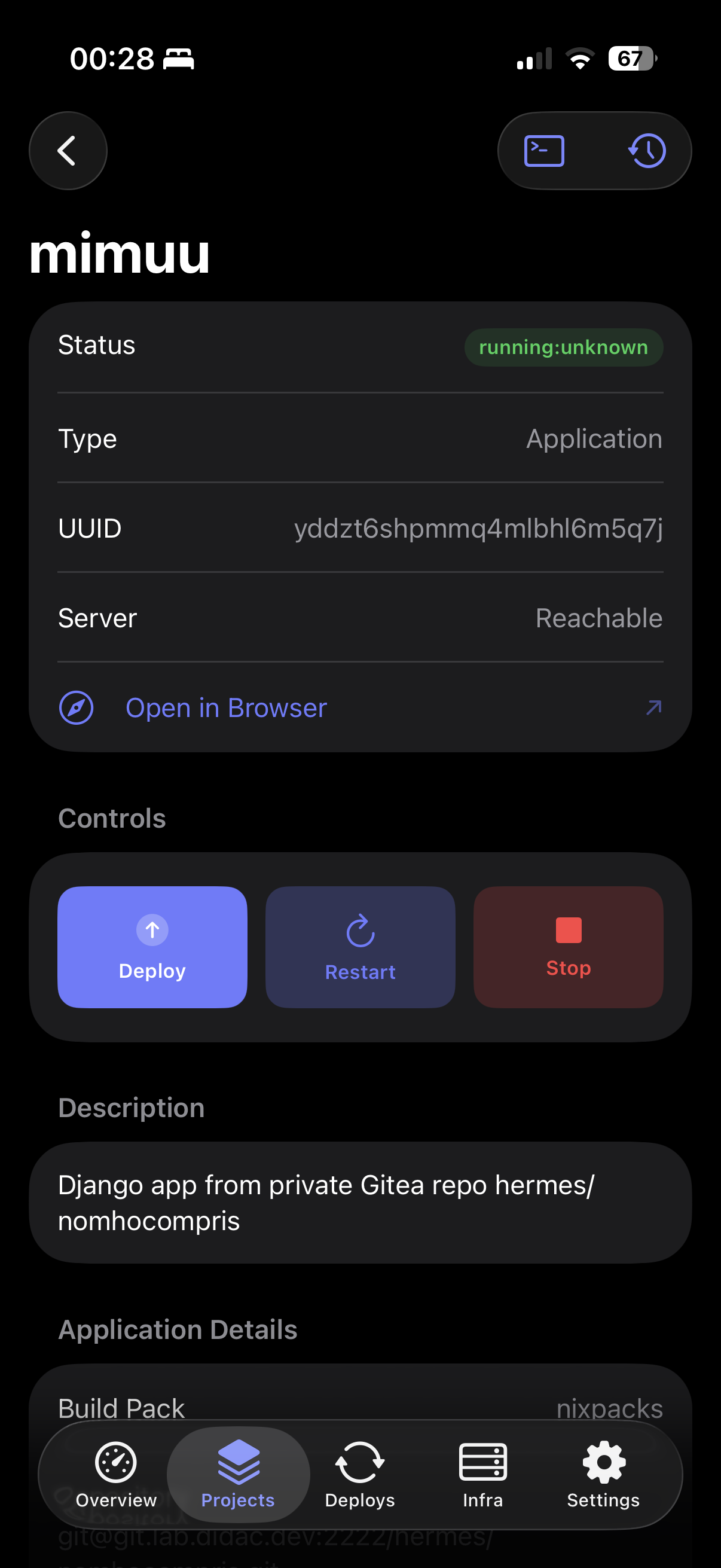 Orka resource details with deploy, restart, and stop controls